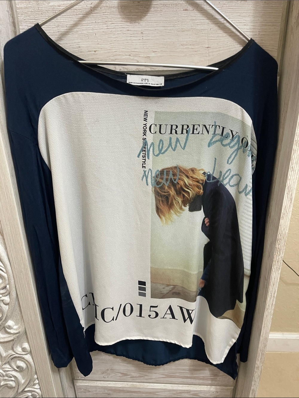 Zara Navy and Cream Photo-Print Long Sleeve Top